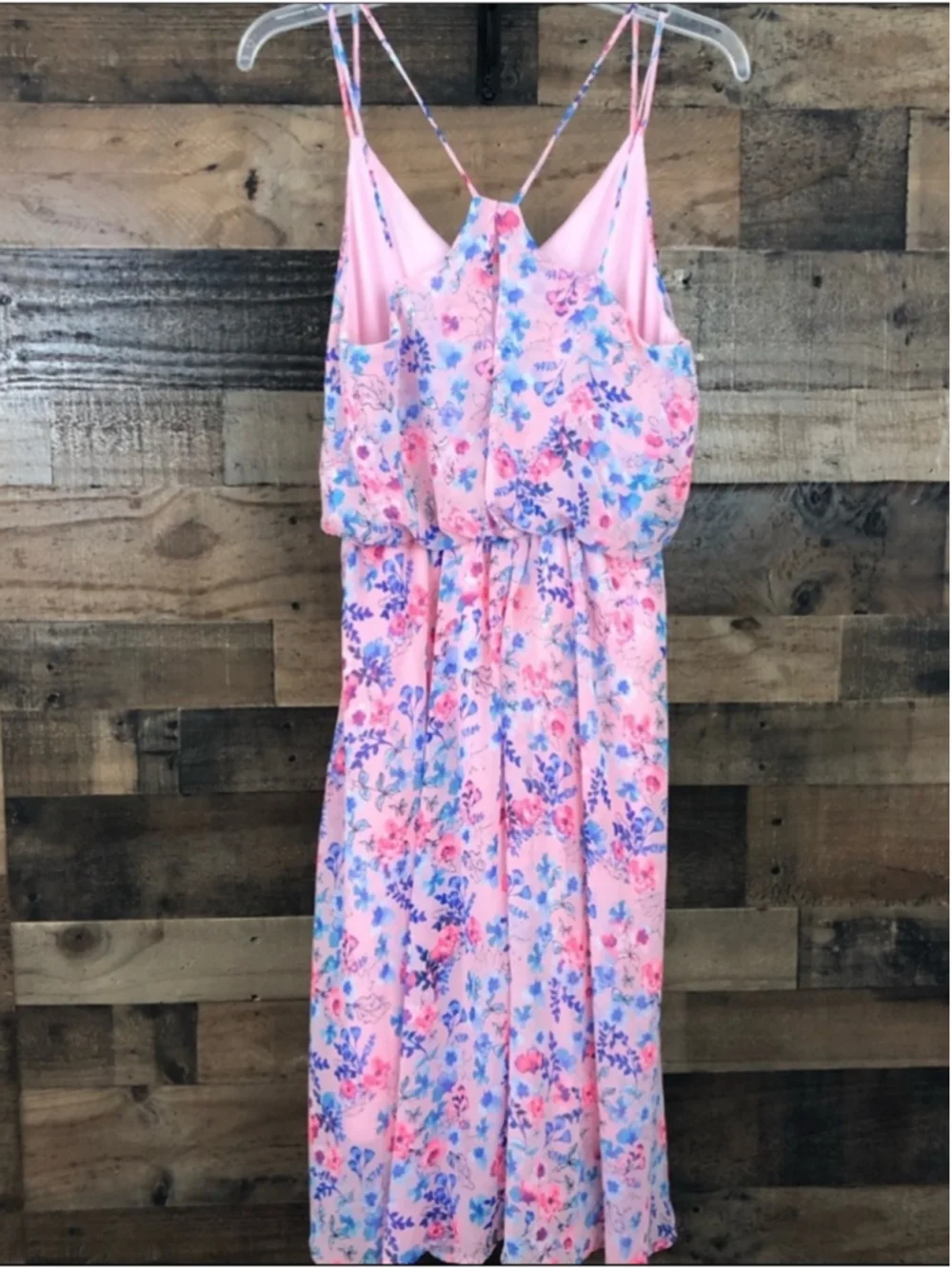 My Story Pink Floral Midi Dress with Blue Floral Print